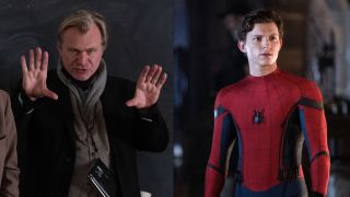 Christopher Nolan directing a scene from Oppenheimer side-by-side with Tom Holland in as Spiderman in Spiderman: Far From Home.