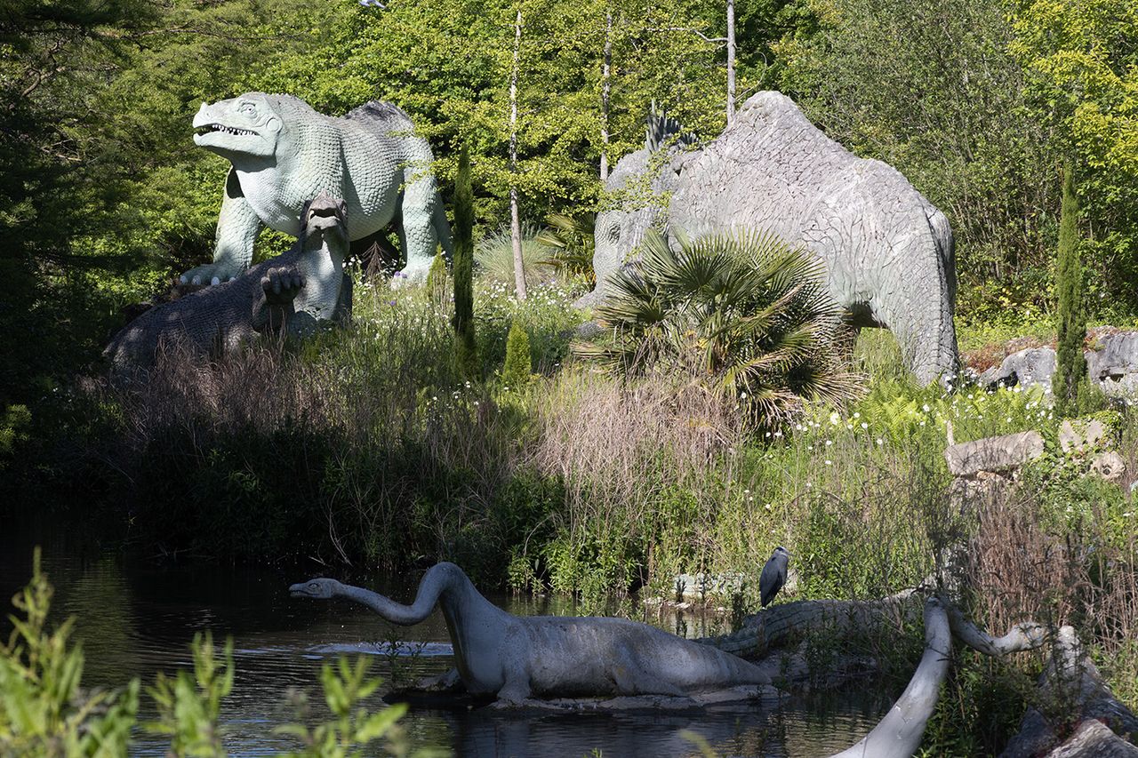 dinosaur sculptures at crystal palace as part of a trail at LFA 2023