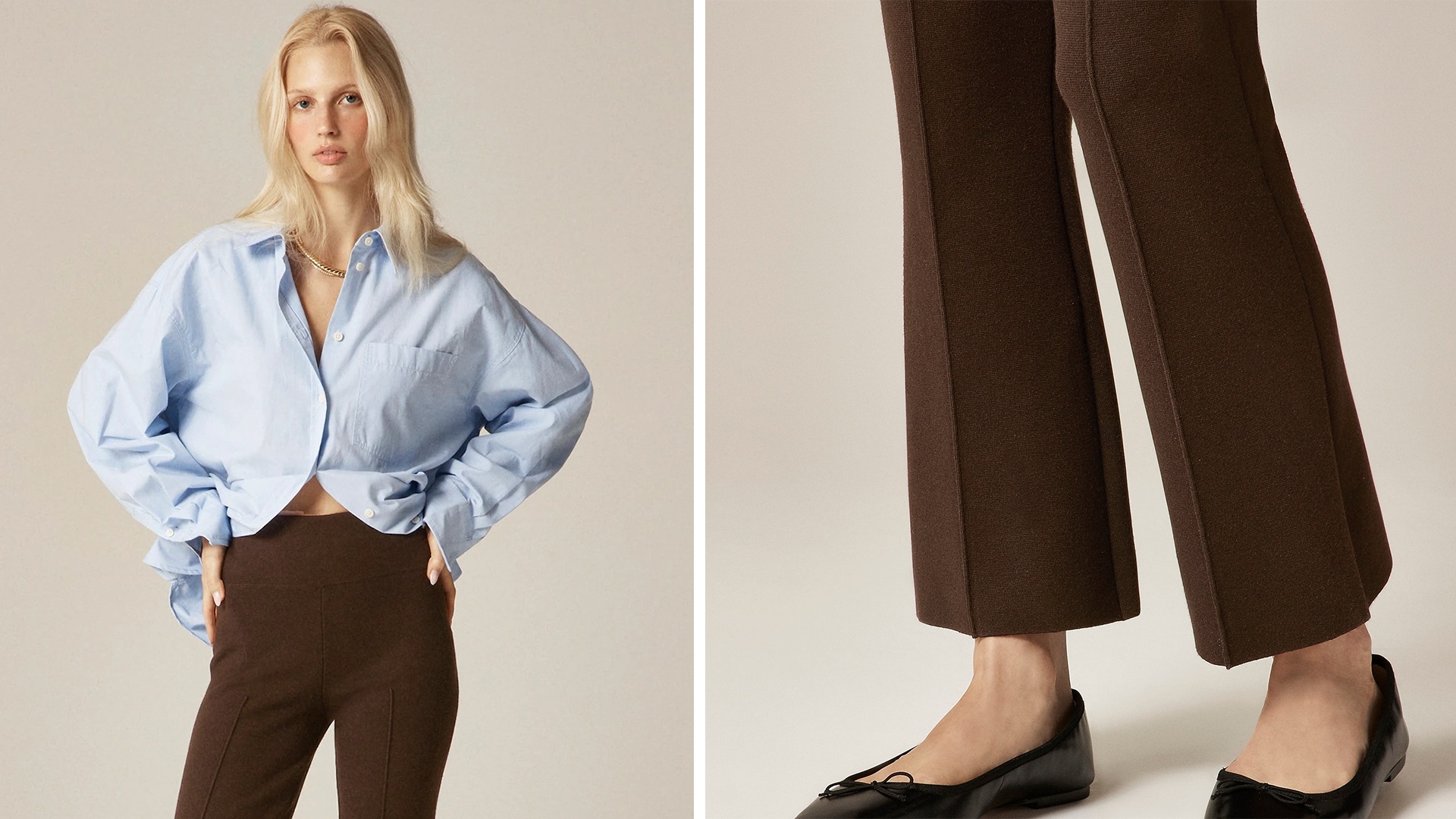 collage of a J.Crew fall 2025 collection outfit with a blue button-down shirt, kick flare brown pants, and black ballet flats
