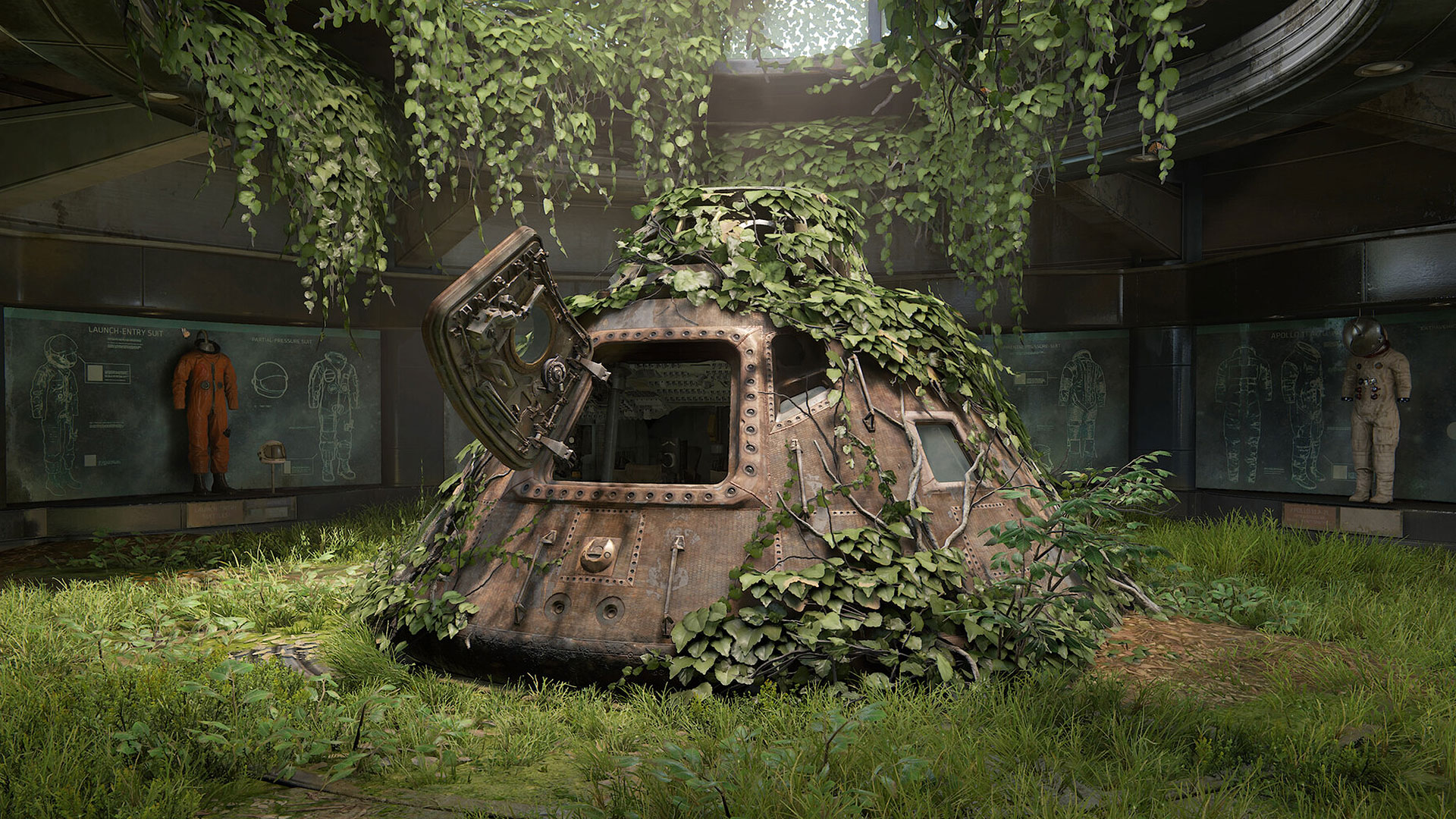 a computer game rendering of a space capsule and other space artifacts being overgrown by plant life inside a museum.