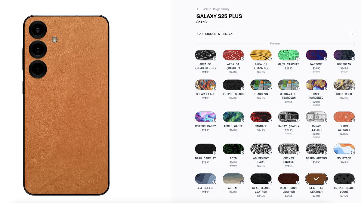 Samsung Galaxy S25 Plus with "Real Tan Leather" Skin on Dbrand's website