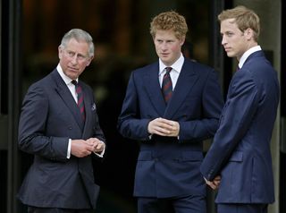 Prince Charles (L) and his two sons Prince Harry (C) and Prince William (R) arrive for the Service of Thanksgiving for the life of Diana, Princess of Wales