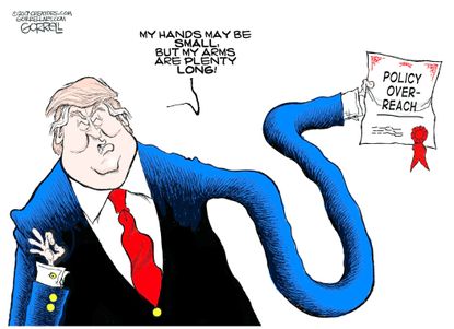 Political Cartoon U.S. Donald Trump small hands policy