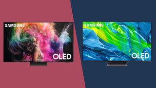 Samsung OLED TVs on red and blue backgrounds