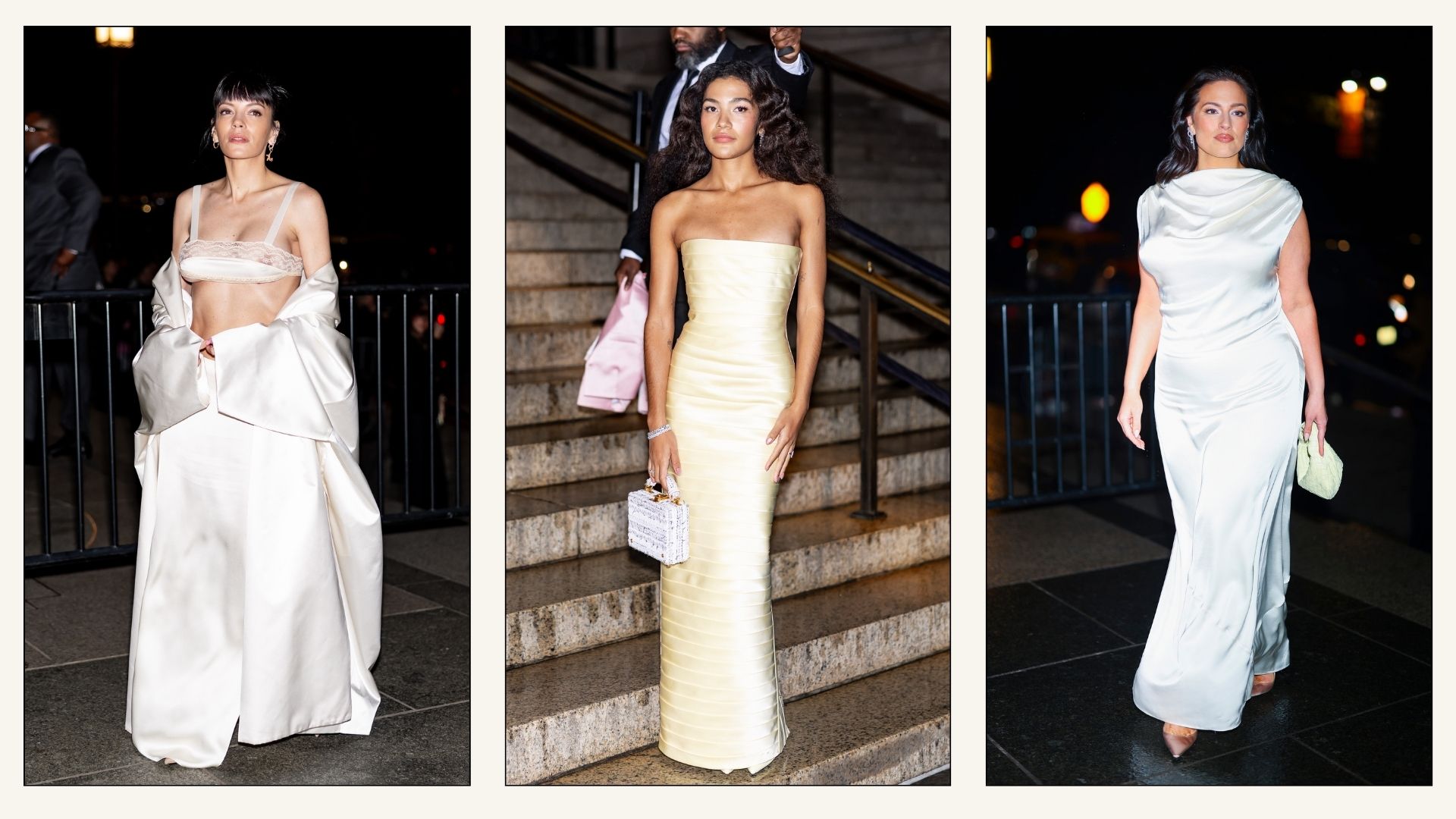 Collage of Lily Allen, Olivia Dean and Ashley Graham wearing cream satin dresses at the CFDA awards. 