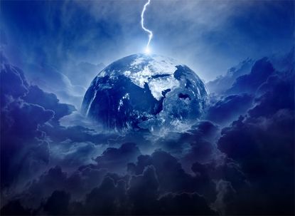 Streak of lightning hits planet Earth with dark skies backdrop.