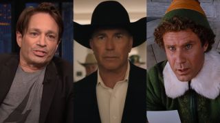 从左到右:克里斯·卡坦在《塞斯·迈耶斯深夜秀》中讲话，凯文·科斯特纳在《黄石公园》第五季预告片中戴着牛仔帽，威尔·法瑞尔在《精灵》中扮演精灵巴蒂。