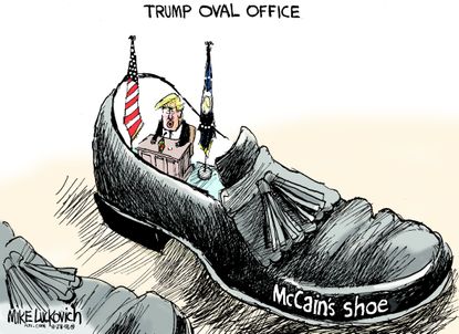 Political cartoon U.S. John McCain death Trump oval office shoes to fill