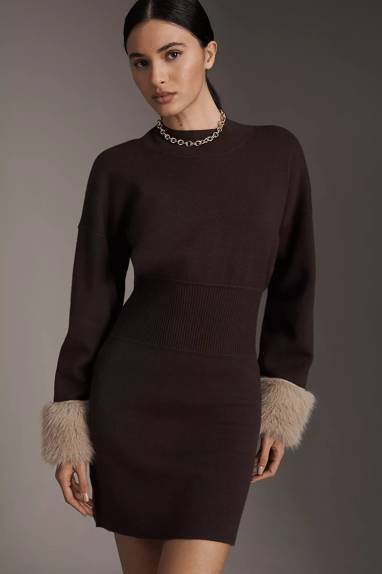 By Anthropologie Long-Sleeve Faux Fur Trim Sweater Mini Dress