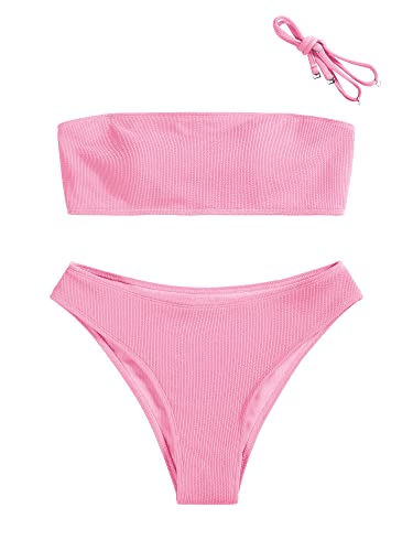 Zaful Women Strapless Ribbed High Cut Bandeau Bikini Lace Up 2 Pieces Swimwear(0-Pink,s)