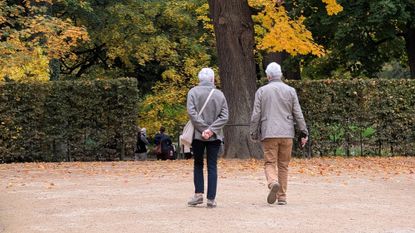 An elderly couple walks through a park in Fulda, Germany. 
