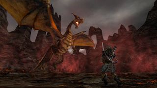 A screenshot of a character with a sword fighting a dragon in Gothic 2.
