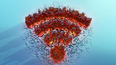 A Wi-Fi symbol formed from red and grey blocks against a light blue background, to represent Wi-Fi attacks.