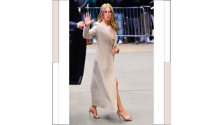 Actors Jennifer Aniston is seen outside "Good Morning America", wearing a camel coat and clear, naked shoes on March 21, 2023 in New York City.