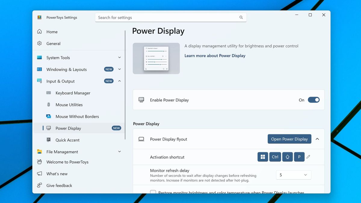 PowerToys tool Power Display menu