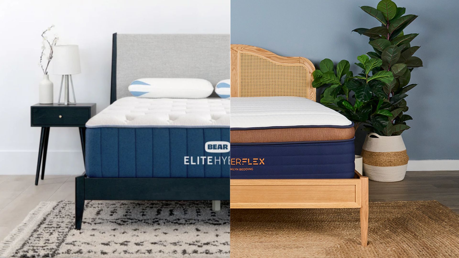Bear Elite Hybrid mattress on black bed frame and abstract pattern rug (left). Brooklyn Bedding Copperflex Pro mattress on rattan bed frame and rug next to plant (right).