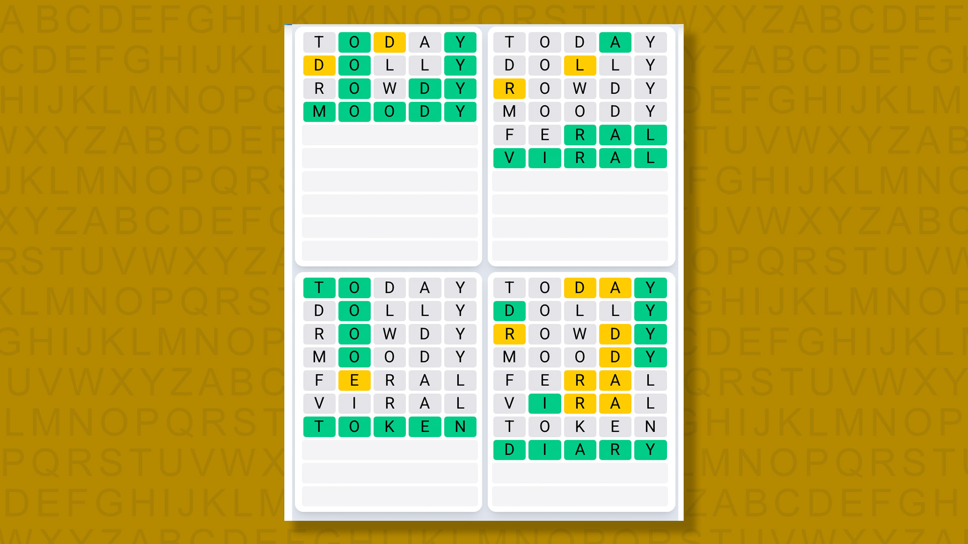 Quordle Daily Sequence answers for game 1614 on a yellow background