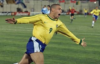 Ronaldo celebrates after scoring for Brazil against Uruguay in the 1999 Copa America final.