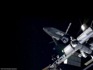 Artist's concept showing Sierra Nevada's unmanned Dream Chaser Cargo System docking to the International Space Station.