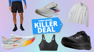 a range of shoes and apparel from Brooks circled around a Tom's Guide Kilelr Deal label