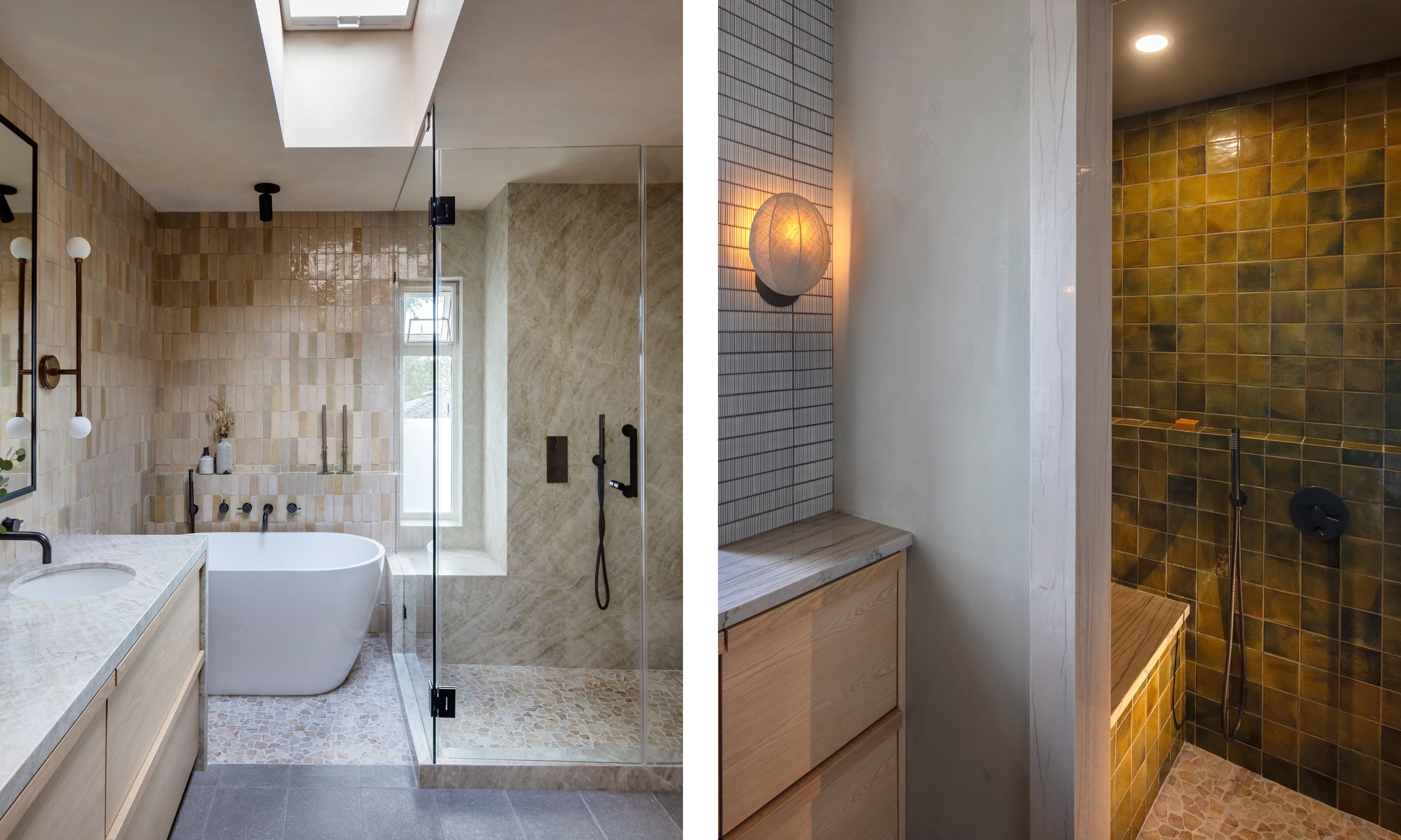 Two images of bathrooms decorated in nature-inspired colors