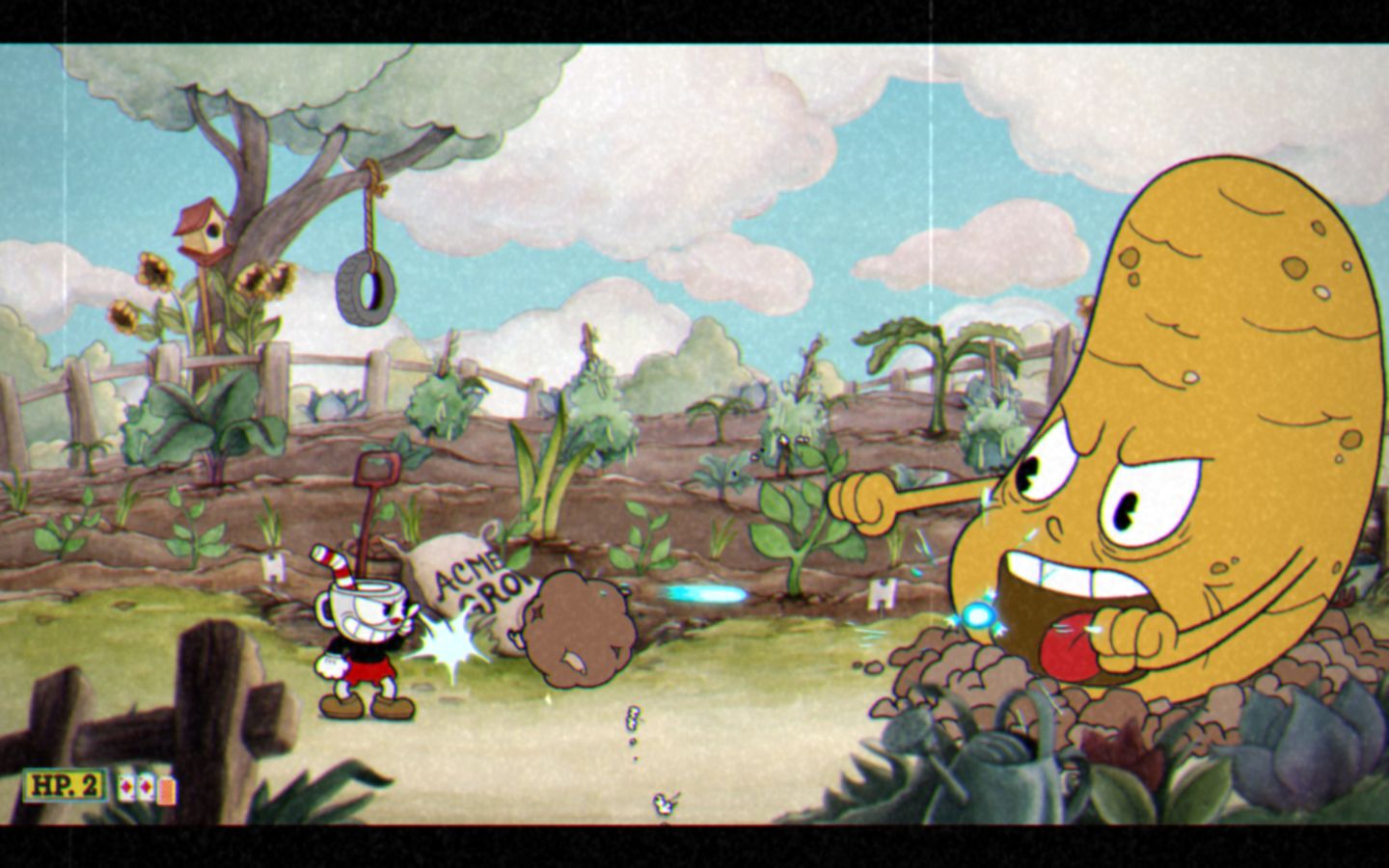 Cuphead - The player fights against a large potato enemy who is shooting balls of dirt.