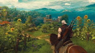 The Witcher 3: Wild Hunt screenshow showing Geralt riding Roach through a valley in Toussaint.