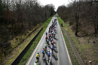 The pack rides during the 2nd stage of the Paris-Nice cycling race, 179 km between Thoiry and Montargis, on March 4, 2024. (Photo by Thomas SAMSON / AFP)