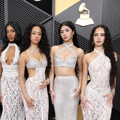 Yoonchae Jeung, Megan Skiendiel, Lara Raj, Manon Bannerman, Sophia Laforteza and Daniela Avanzini of KATSEYE attend the 68th GRAMMY Awards at Crypto.com Arena on February 01, 2026 in Los Angeles, California.