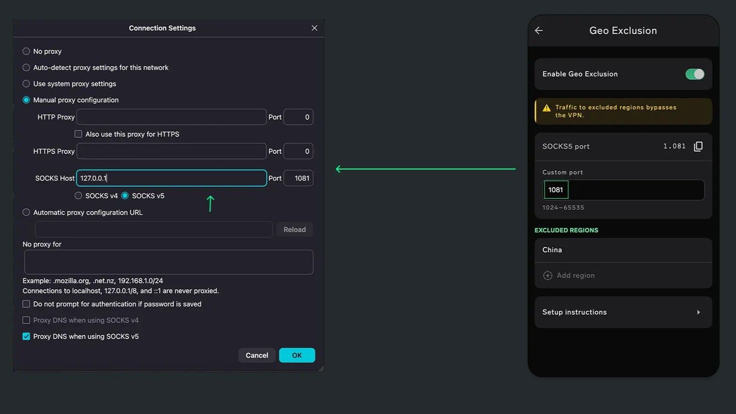 NymVPN Geo-exclusion settings screen