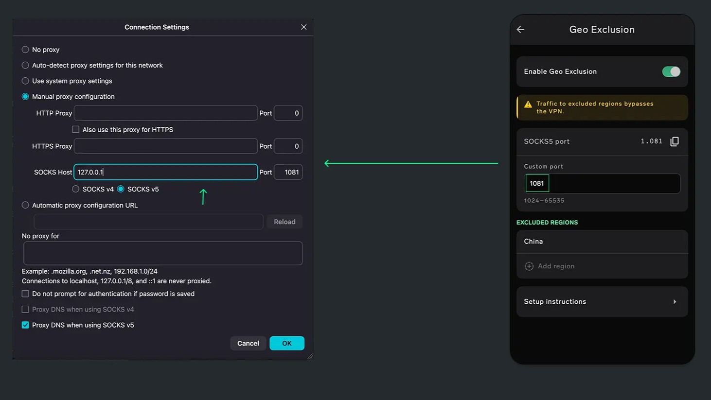 NymVPN Geo-exclusion settings screen