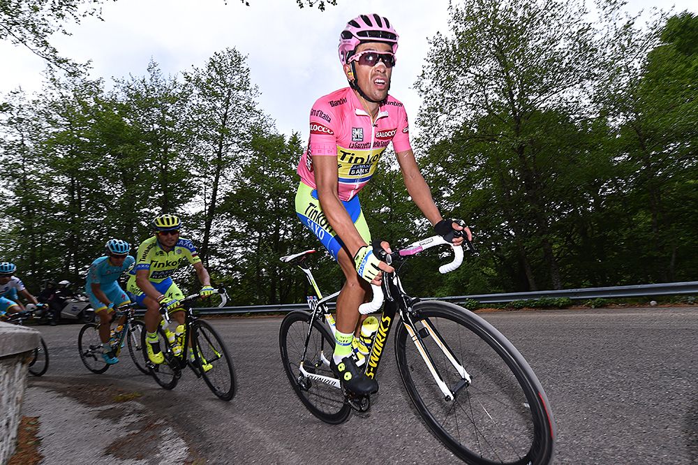 Alberto Contador out of the saddle and testing his legs