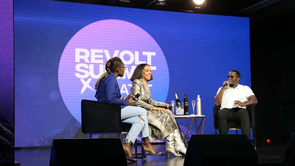 Detavio Samuels (bottom l.) helps Sean “Diddy” Combs (r., with Issa Rae and Melina Matsoukas) keep Revolt relevant to the “hip-hop gen.”