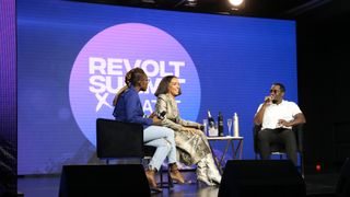 Detavio Samuels (bottom l.) helps Sean “Diddy” Combs (r., with Issa Rae and Melina Matsoukas) keep Revolt relevant to the “hip-hop gen.”