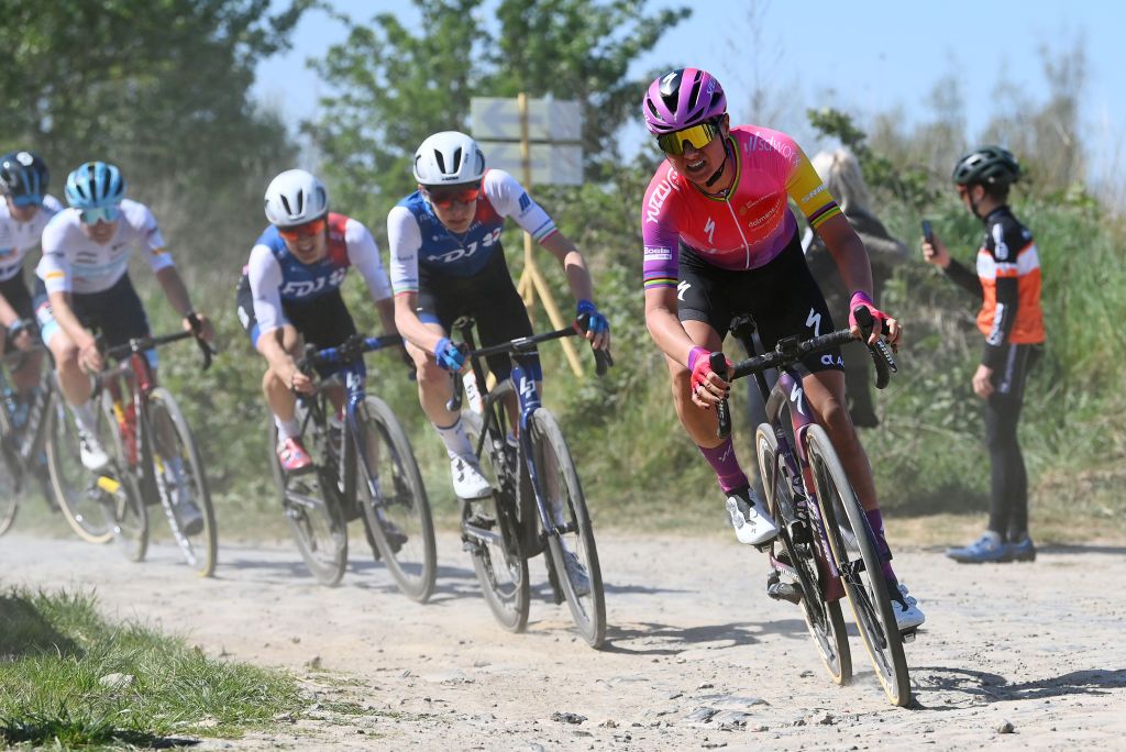 ROUBAIX FRANCE APRIL 16 Chantal Van Den Broek Blaak of Netherlands and Team SD Worx competes passing through a cobblestones sector during the 2nd ParisRoubaix 2022 Womens Elite a 1247km one day race from Denain to Roubaix ParisRoubaixFemmes ParisRoubaix on April 16 2022 in Roubaix France Photo by Tim de WaeleGetty Images