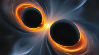 An illustration of merging supermassive black holes set space rippling with gravitational waves