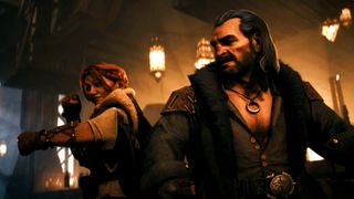Dragon Age: The Veilguard reveal trailer screenshot showing two of the companions, Varric and Harding