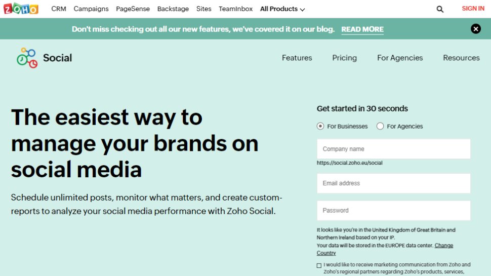 Website screenshot for Zoho Social