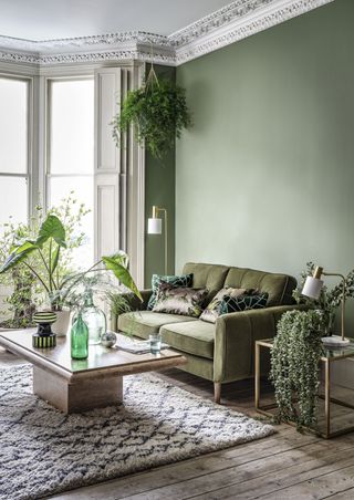 green living room with green sofa, marble coffee table, metal and glass side table, lots of plants, tropical style cushions, patterned rug, wooden floor, glass bottles