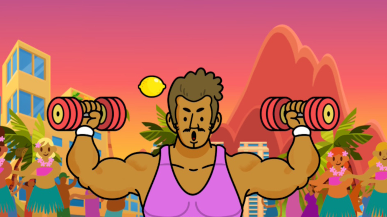 A bodybuilder in a pink leotard lifts weights with an exotic resort behind him in Rhythm Heaven Groove, as a lemon bounces off his muscles