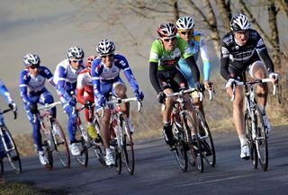 Jens Voigt (Saxo Bank) leads Luis Leon Sanchez (Caisse d'Epargne), Alberto Contador (Astana) and Alexandr Kolobnev (Katusha)