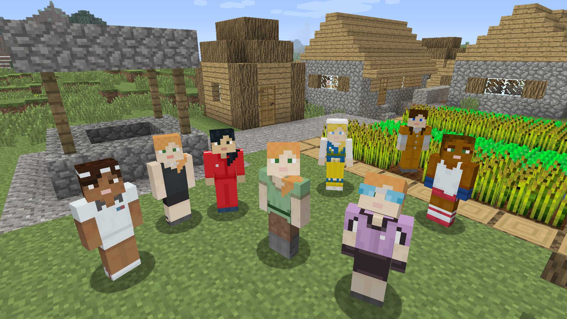 A group of Minecraft characters looking up at the viewer