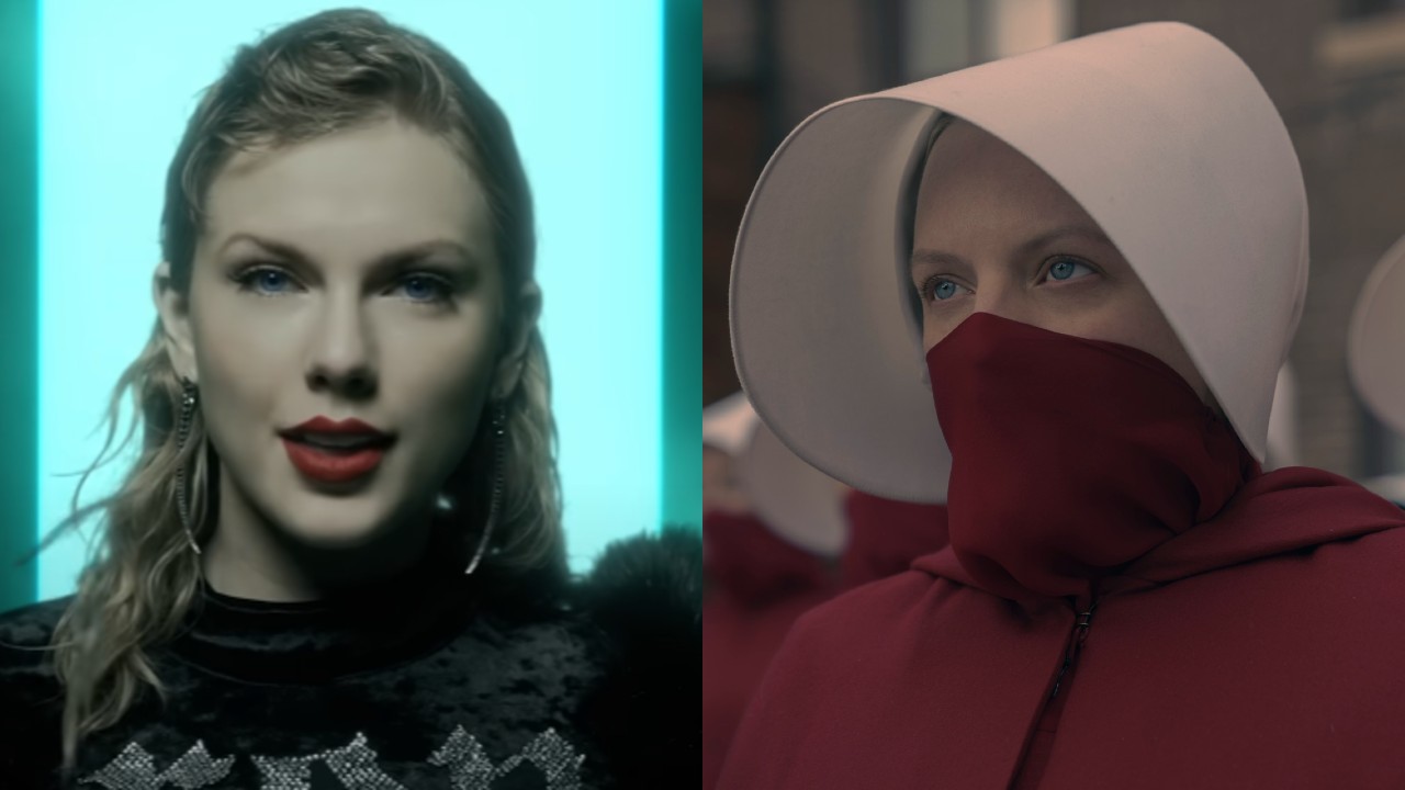 Taylor Swift in the Look What You Made Me Do music video and Elisabeth Moss in The Handmaid&#039;s Tale, her face is covered by a red mask. 