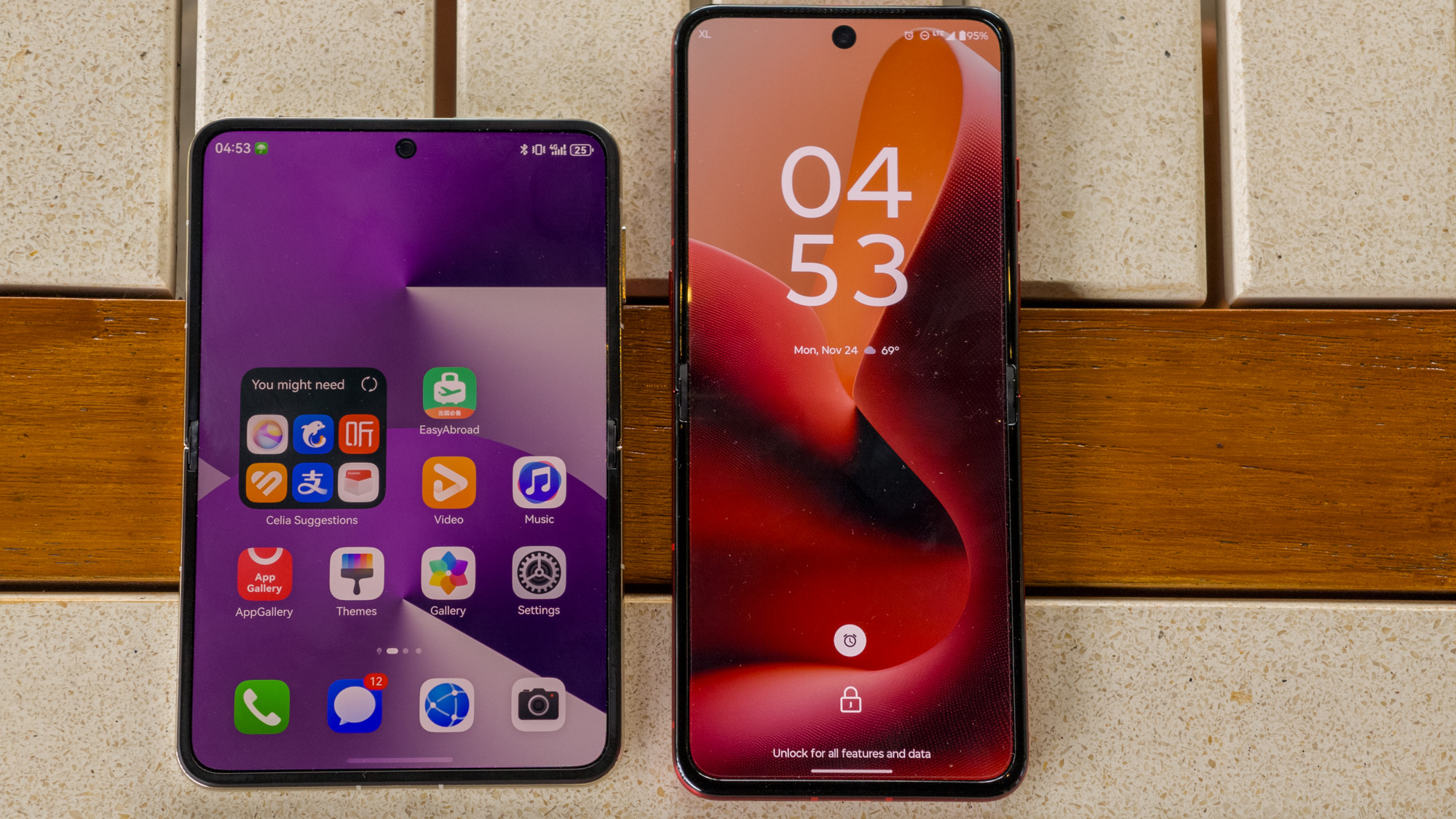 Huawei Pura X main display on a table next to the Razr Ultra 2025