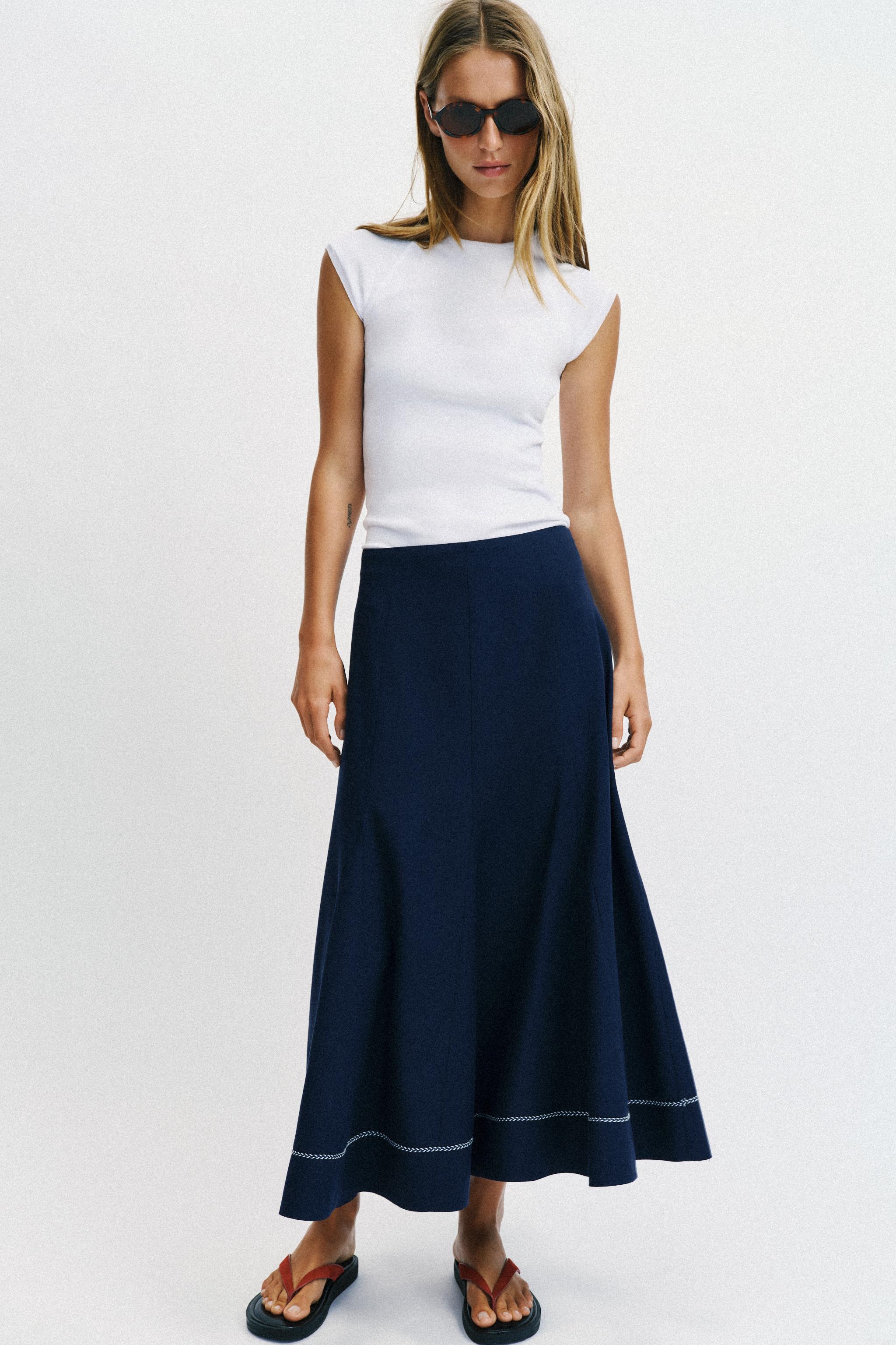 Embroidered Flare Midi Skirt