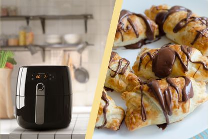 A collage of an air fryer and chocolate croissants