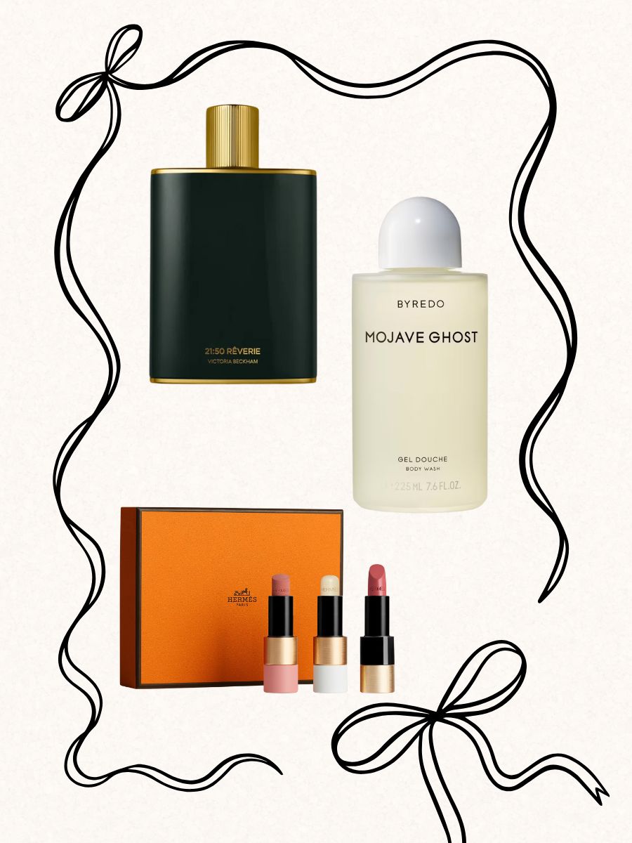 A collage with a ribbon illustration with A Victoria Beckham Beauty perfume bottle, a Byredo body wash and Herm&amp;egrave;s lipstick set