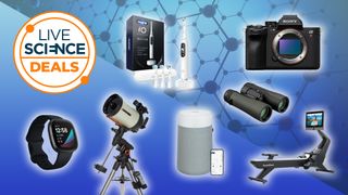 fitness tracker, telescope, toothbrush, air purifier, binoculars, camera and exercise machine on a blue background