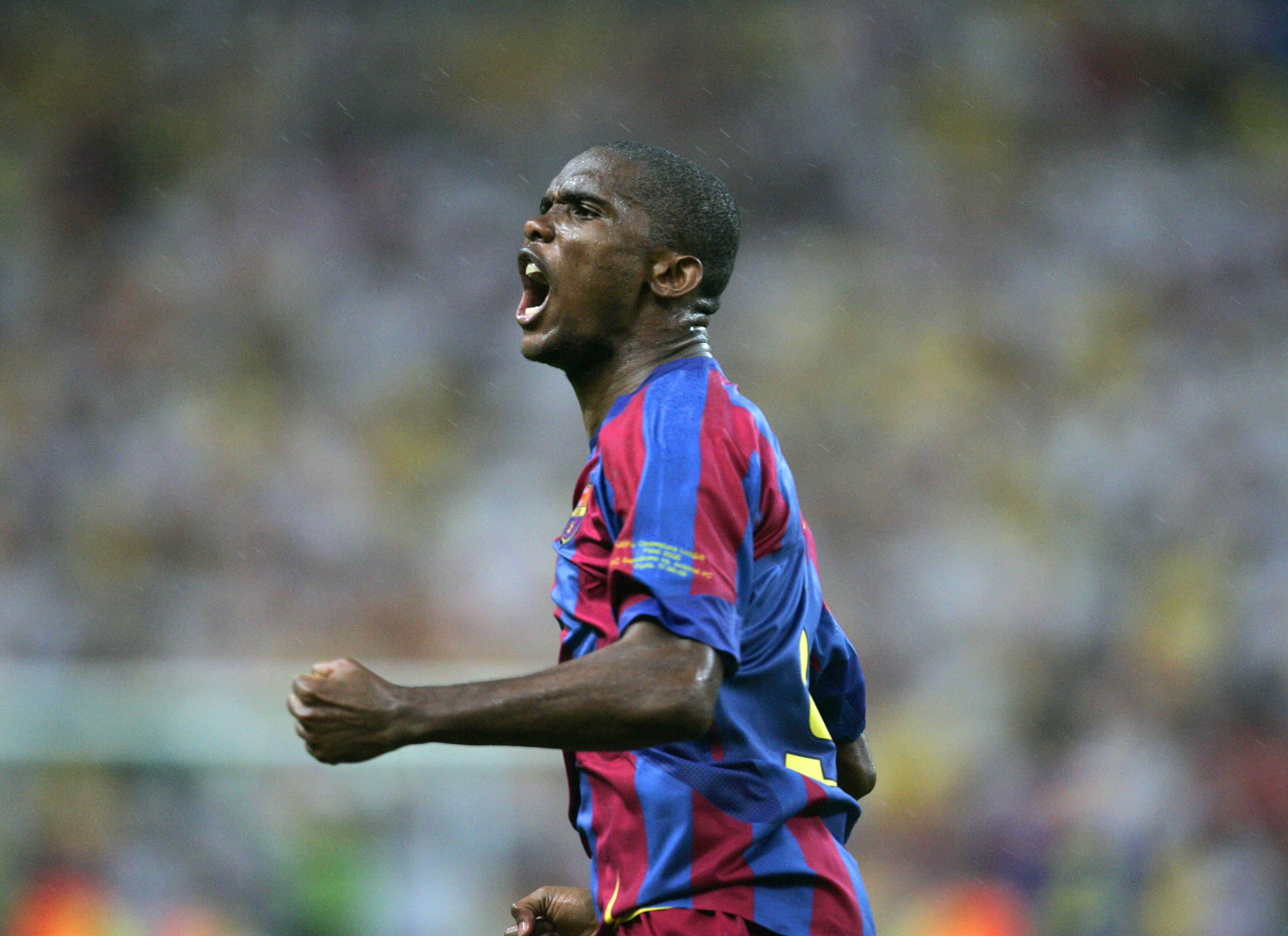 Samuel Eto'o celebrates after scoring Barcelona's opening goal in the 2006 Champions League final against Arsenal