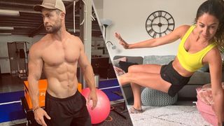 a photo of Chris Hemsworth and writer Lucy Gornall doing his workout